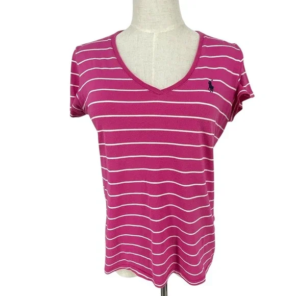 Ralph Lauren Sport Pink White Striped V Neck Short Sleeve Cotton T Shirt Top S - Picture 2 of 8